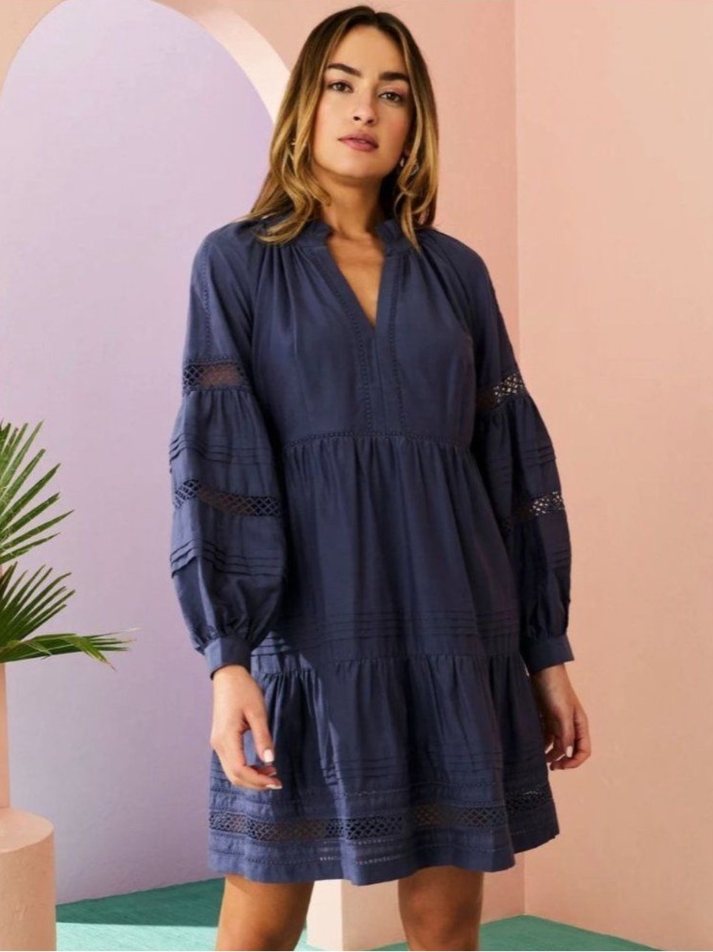 Jade Indigo Lace-Insert Tiered Mini Dress